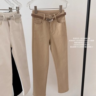 经典老钱风九分烟筒裤白色牛仔裤女秋冬加绒修身休闲厚卡其长裤子