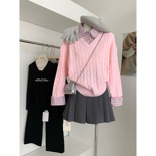 韩系粉色假两件毛衣女秋冬衬衫拼接内搭针织衫独特超好看上衣冬季