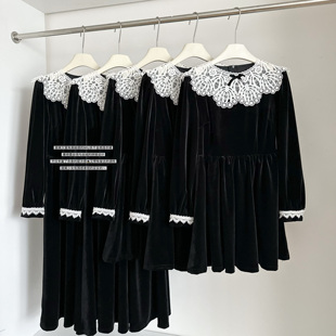 赫本千金风撞色蕾丝拼接丝绒连衣裙秋冬收腰长袖 小黑裙生日礼服裙