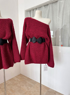 氛围感新年穿搭露肩针织衫上衣女春季秋冬宽松慵懒超好看红色毛衣