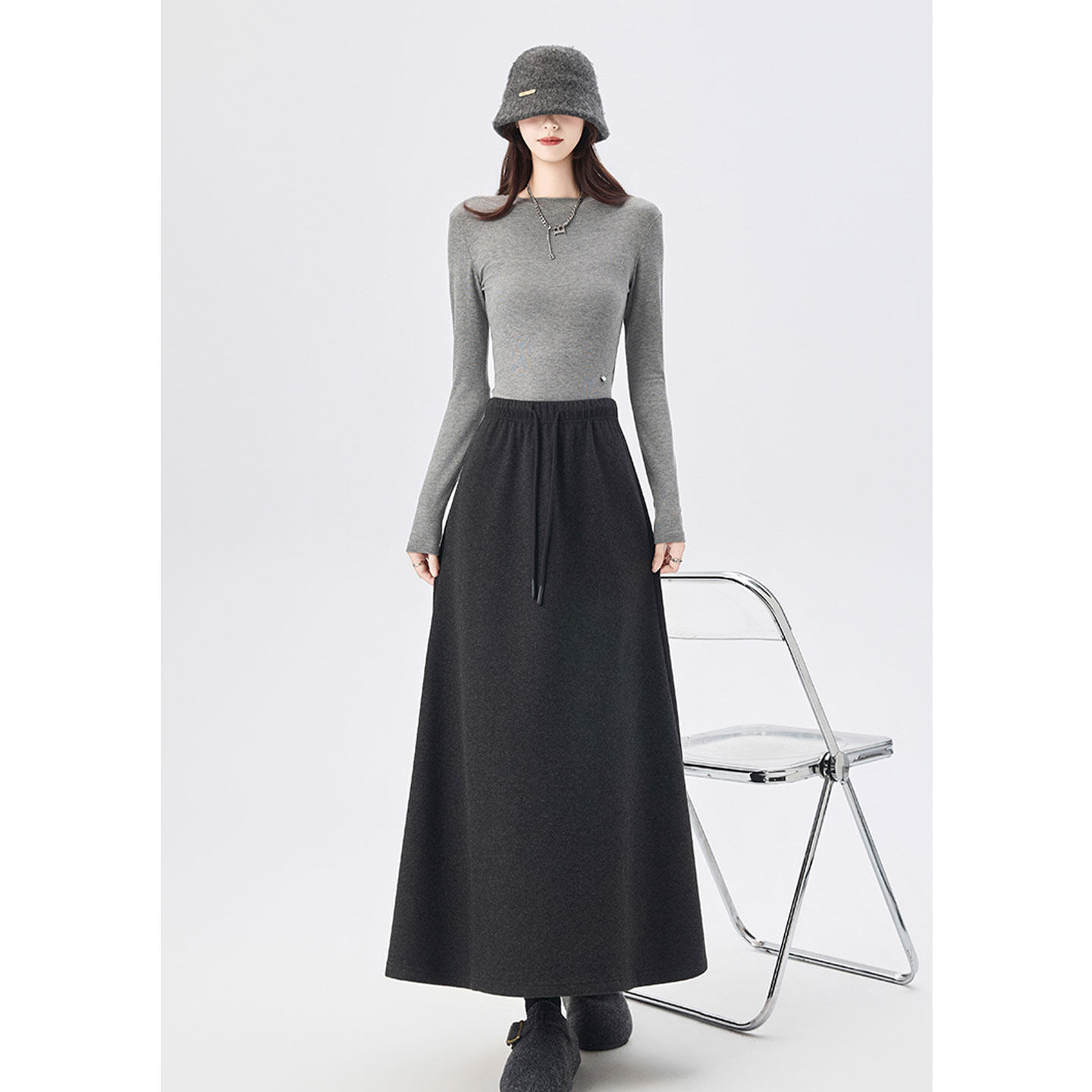 羊绒加绒半身裙女秋冬松紧高腰抽绳休闲裙直筒A字运动卫裙带屁帘