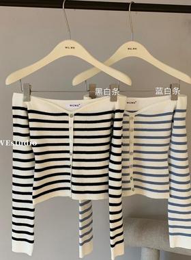 纯欲风条纹上衣一字肩针织衫早秋冬设计感小众修身露肩毛衣打底衫