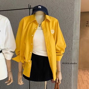 刺绣长袖POLO领长袖黄色衬衫女韩系宽松显瘦休闲巨好看的衬衣外套
