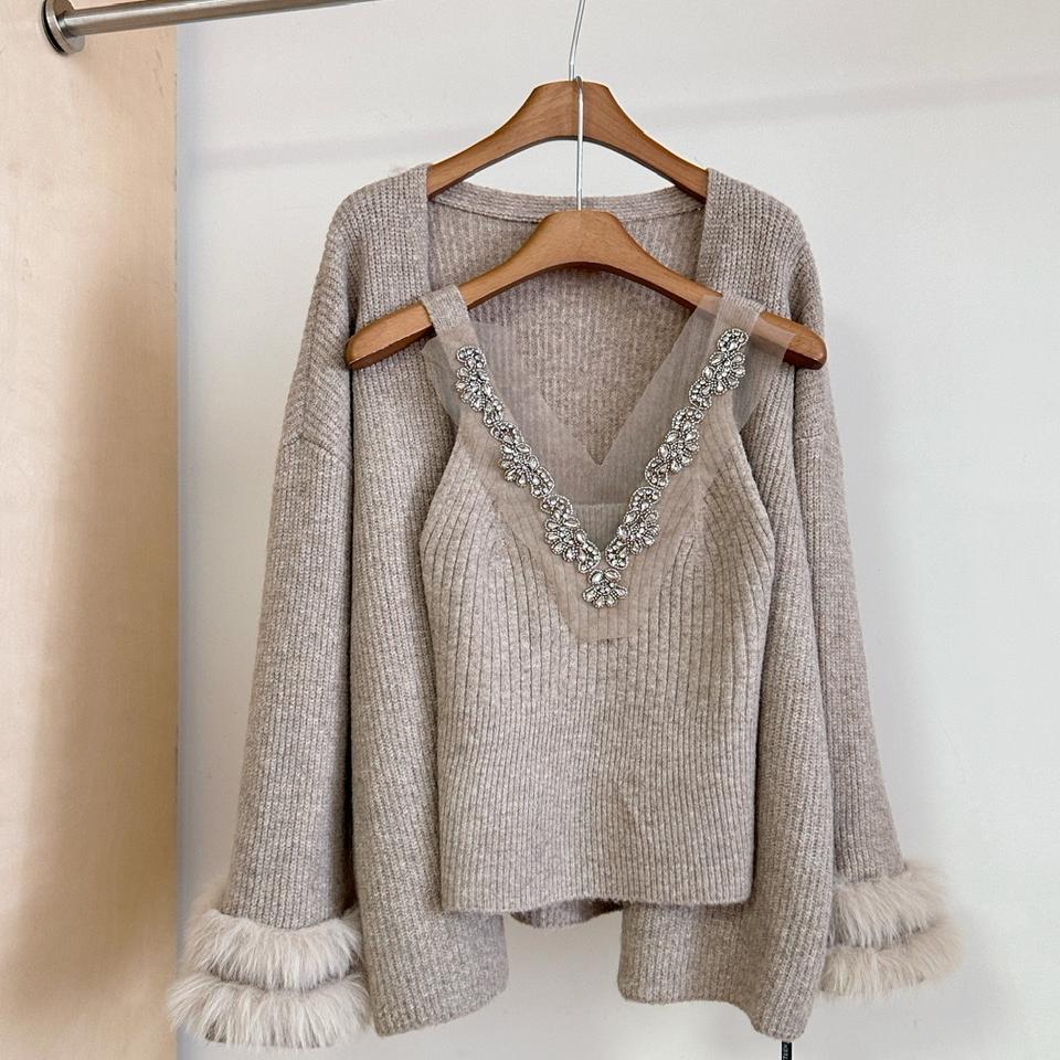 狐狸毛针织开衫女吊带背心两件套