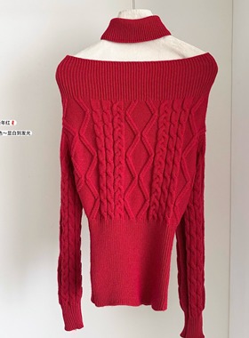秋冬可外穿一字肩红色毛衣女新年氛围慵懒高级内搭打底针织衫上衣