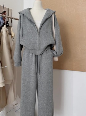 巨好看的两件套冬装慵懒加绒加厚连帽卫衣外套女+休闲长裤套装秋