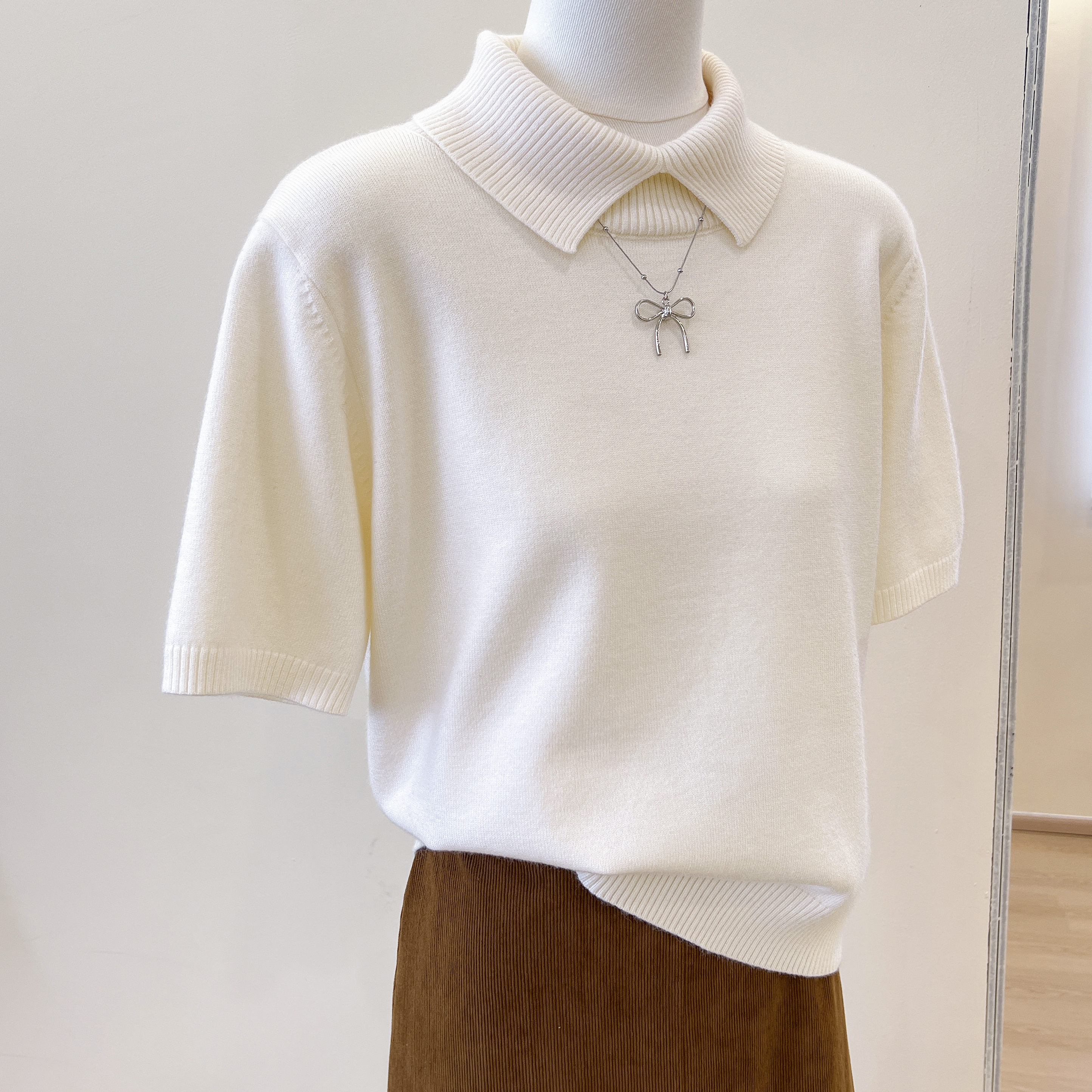 小翻领套头短袖针织衫显瘦毛衣