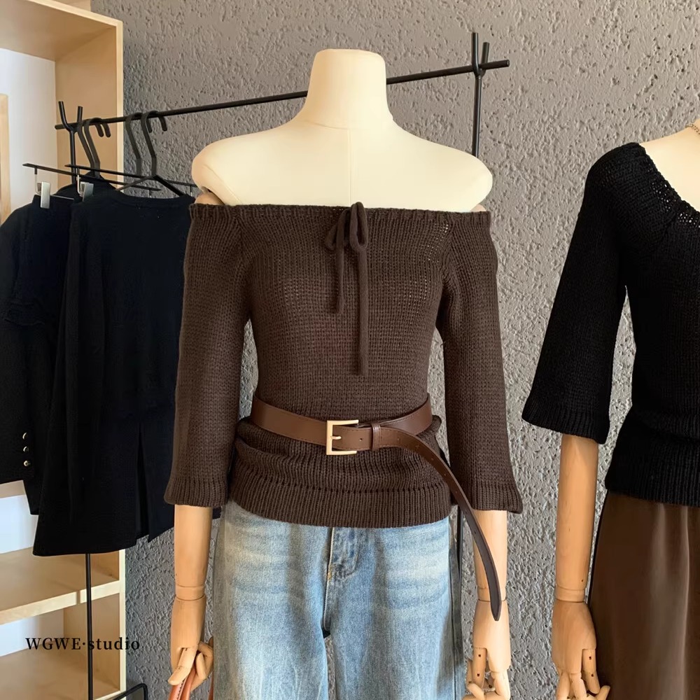 编织一字肩方领两穿复古毛衣女秋