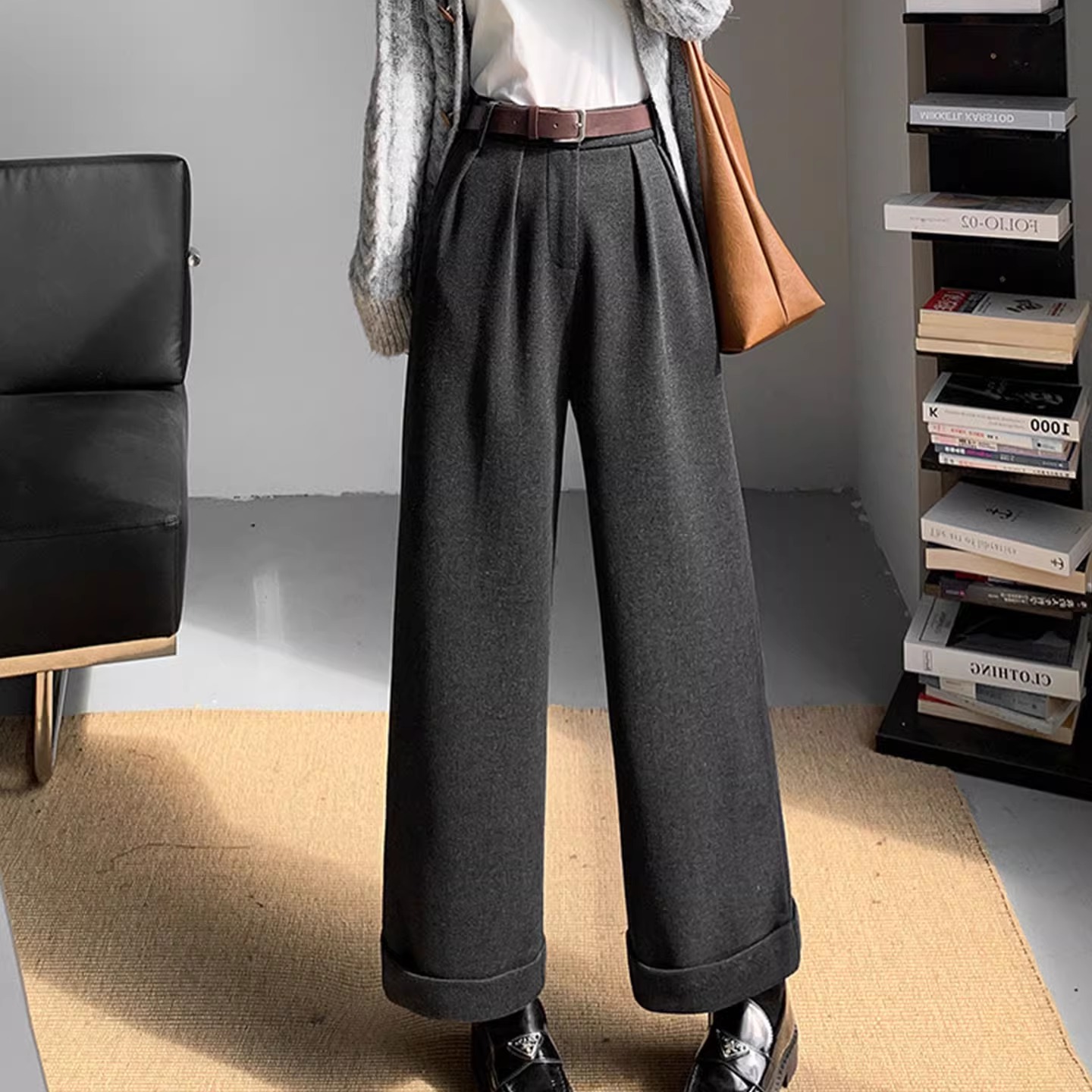 加绒加厚黑色西装裤女秋冬季