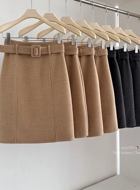 高级感高腰毛呢中裙超好看冬裙子显瘦过膝裙气质直筒后开叉半身裙