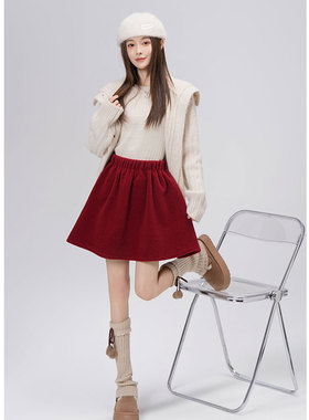 春季红色新年氛围羊羔绒短裙女高腰外穿小个子a字休闲大摆半身裙