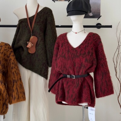 V领豹纹软糯毛衣女款2025新款