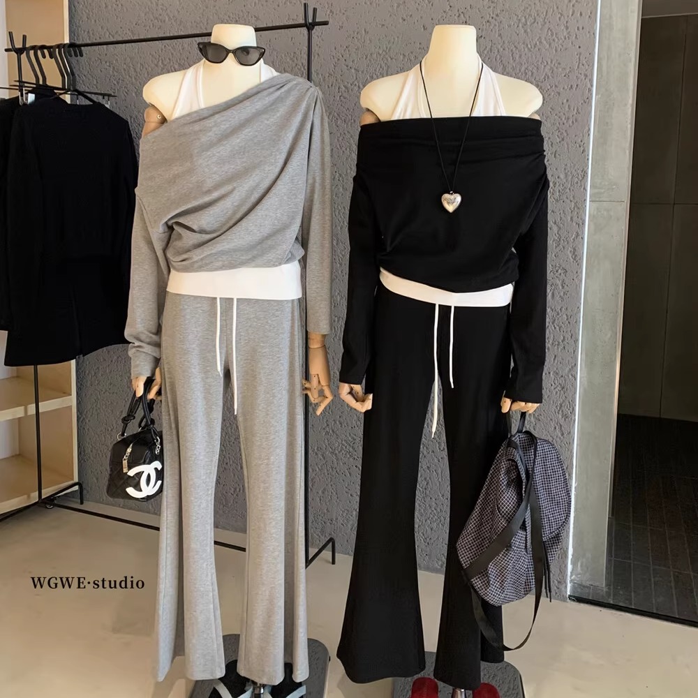 假两件一字肩卫衣女+抽绳直筒裤