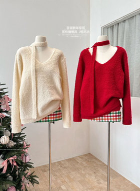 新年穿搭红色挂脖针织衫上衣女春季秋冬宽松慵懒风V领中长款毛衣