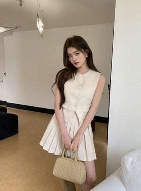 2025夏装新款小香风短裙女轻奢高级感名媛马甲百褶裙两件套装