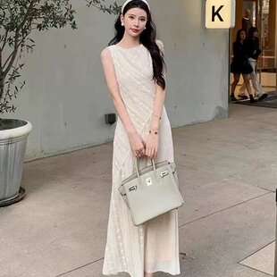 新款 连衣裙女气质收腰A字长裙夏季 蕾丝拼接无袖 暮色贵气女主