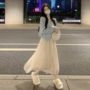 女2023年新款 绝美长裙春装 连衣裙子两件套装 温柔奶系穿搭茶歇法式