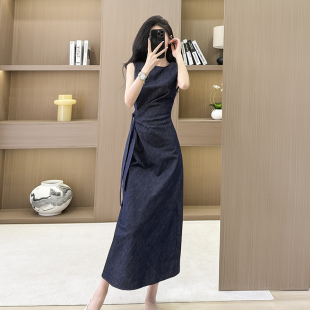 实拍法式 显瘦长裙 时髦扭结绑带设计感牛仔背心连衣裙2025夏季