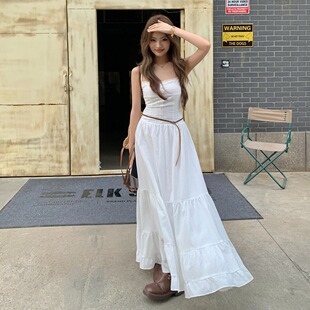 实拍2025春夏新款 大摆长裙显瘦吊带连衣裙蛋糕裙 纯棉小白裙女修身