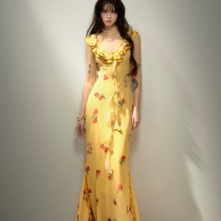 RunRunSweet原创 度假裙 黄昏玫瑰花边吊带碎花连衣裙鱼尾长裙法式