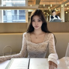 unoone ***!钓系欧尼 缪斯系纯欲蕾丝修身内搭女性感收腰T恤上衣