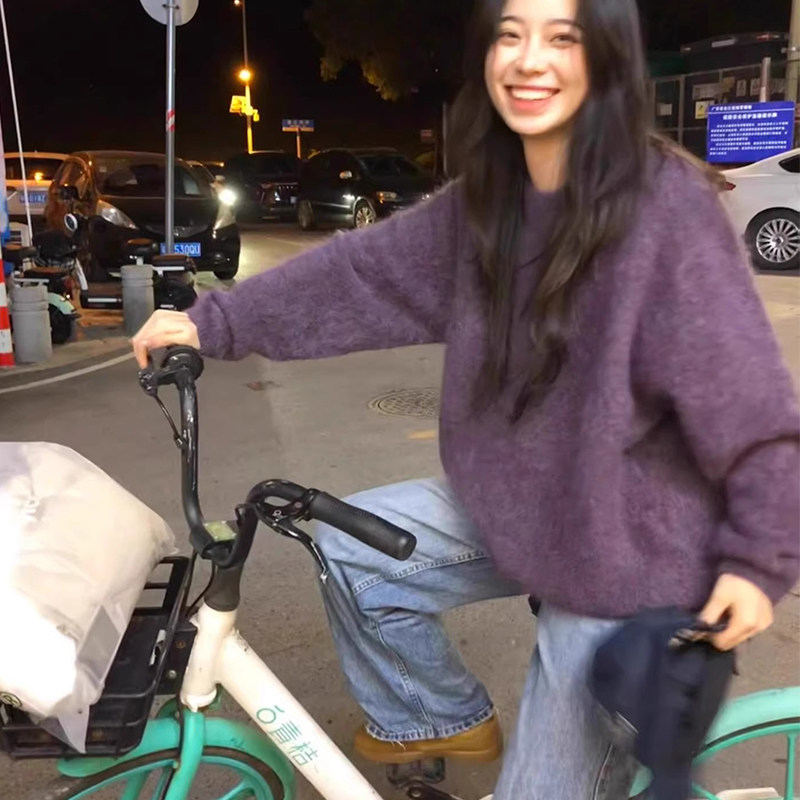 今年流行的漂亮紫色套头毛衣女秋冬加厚内搭软糯绵羊绒打底针织衫