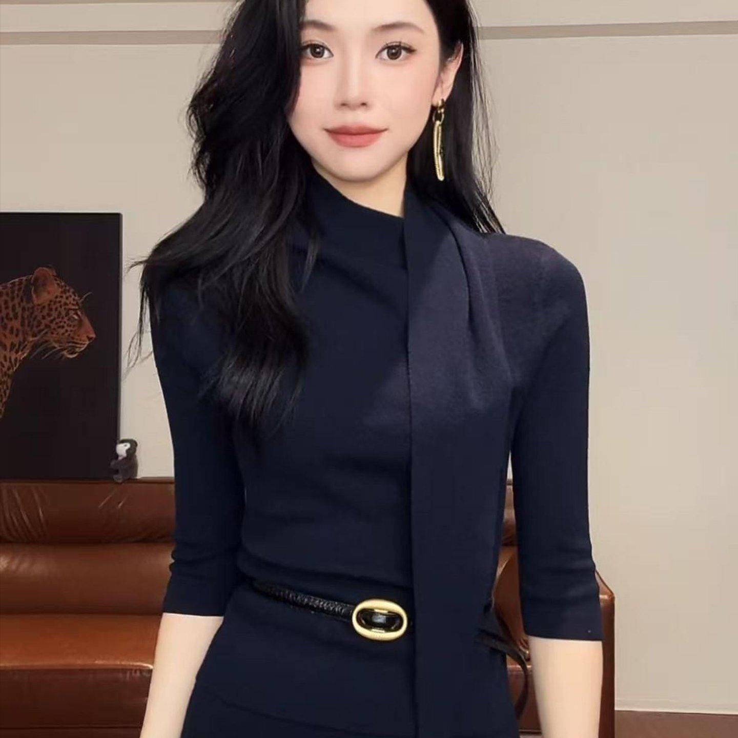 荡领五分袖设计感围脖针织衫上衣女包臀裙半身裙松紧腰长裙套装