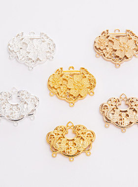 合金镂空牡丹富贵鸳鸯长命锁 DIY古风汉服璎珞吊坠电泳电镀配饰锁