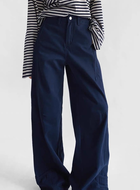 美式复古卡其色弯刀牛仔裤秋季新款设计感拼接女宽松显瘦阔腿裤子