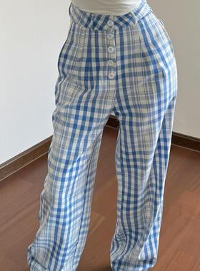垂感蓝色格子小个子女休闲裤女秋季高腰宽松显瘦直筒拖地阔腿长裤