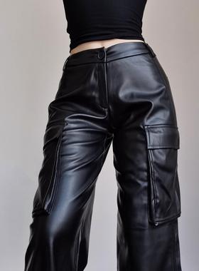 黑色皮裤女春秋季2025新款复古pu皮直筒显瘦高级感低腰休闲阔腿裤