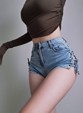 纯欲风复古高腰牛仔短裤女浅蓝色双侧绑带夏季新款a字显瘦热裤