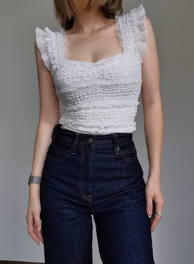 美式纯欲蕾丝边吊带上衣女短款修身设计感夏季白色无袖背心吊带