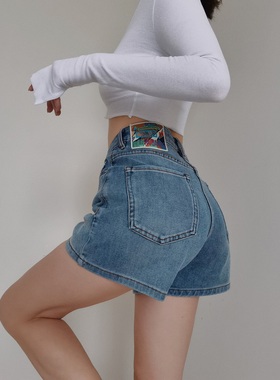 实力好穿~四面弹大码百搭直筒韩版蓝色显瘦高腰显瘦A字牛仔短裤女