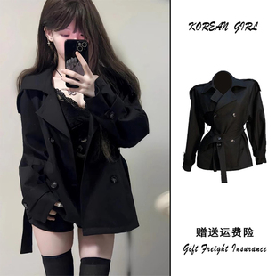 小香风短款黑色风衣外套女秋冬季新款小个子高级感双排扣收腰上衣
