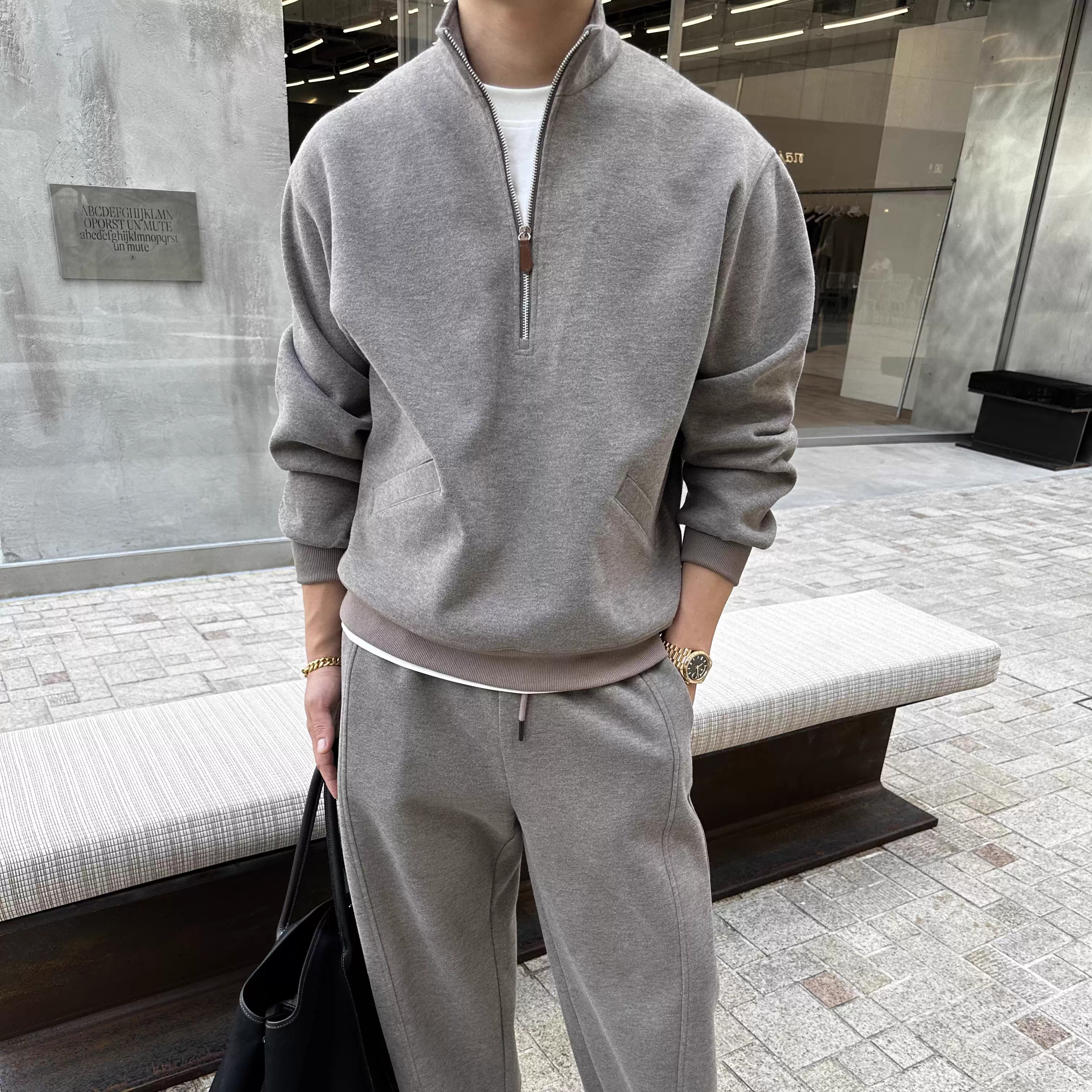 ZHUOLINZHANG休闲假两件卫衣套装秋季中领宽松男上衣灰色长裤重磅