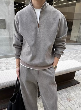 ZHUOLINZHANG休闲假两件卫衣套装春秋中领宽松男上衣灰色长裤重磅