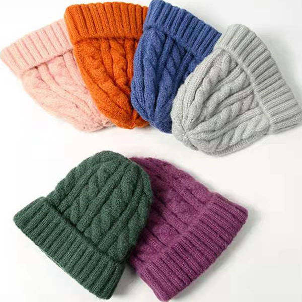 秋冬季韩版简约亲子帽针织帽纯色加厚保暖兔毛麻花毛线帽套头帽子