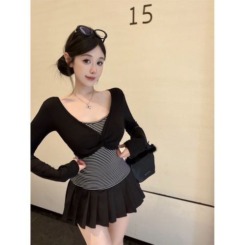 纯欲甜辣妹扭结条纹长袖T恤女
