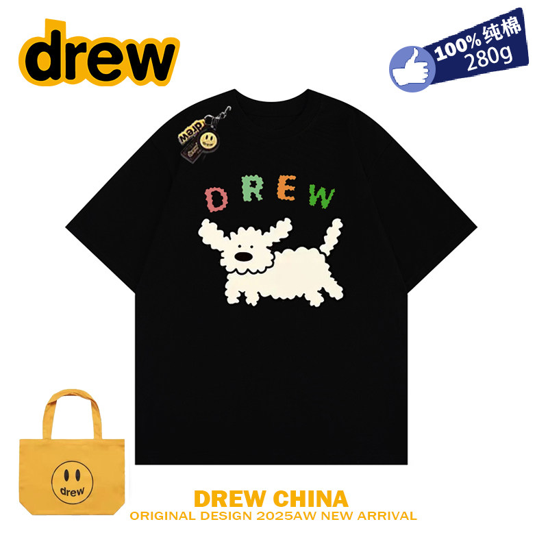 drew笑脸学院风卡通小狗短袖t恤男女宽松bf纯棉学生休闲情侣装ins