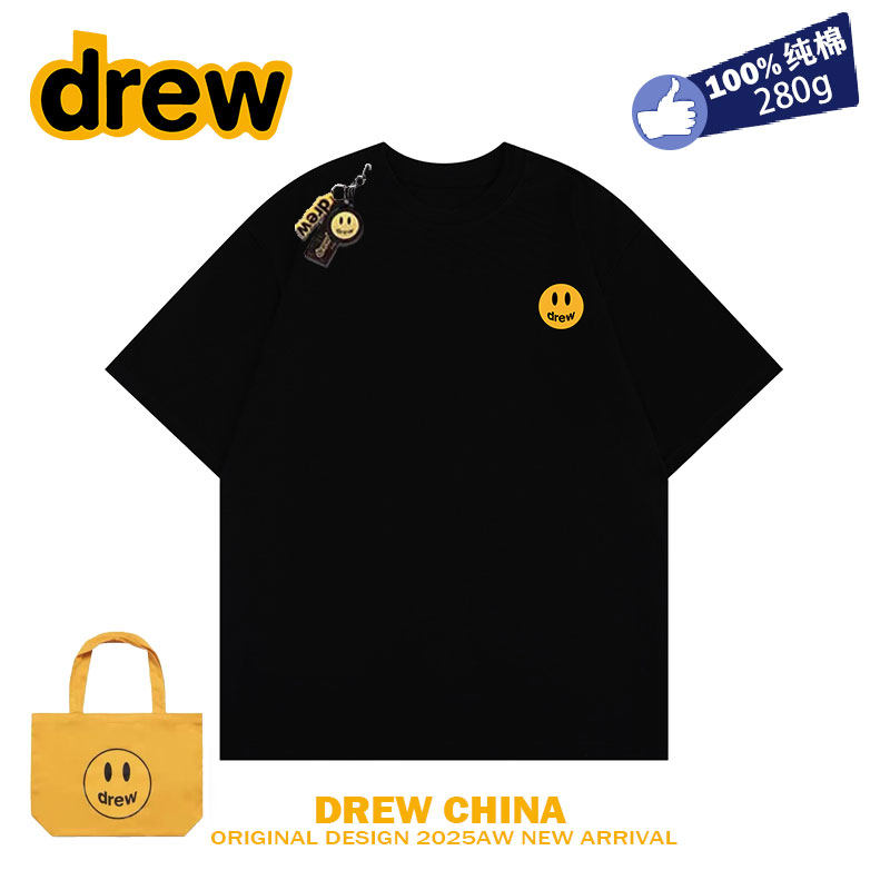 drew笑脸潮牌笑脸小标印花短袖t恤男女宽松纯棉学生同款情侣装ins