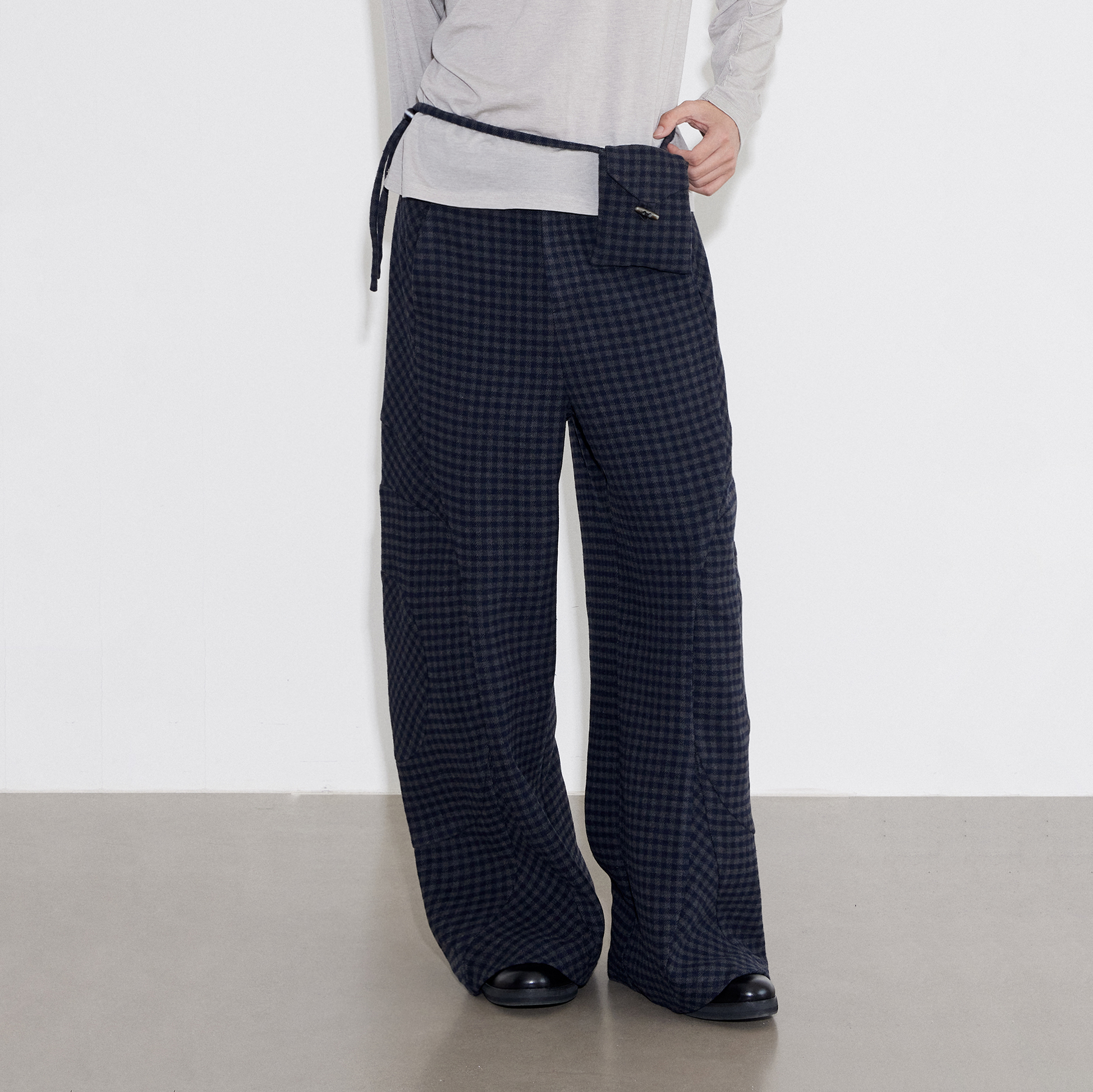 SoleMass WOOL GRID羊毛格子阔腿裤解构分割裁剪直筒百搭长裤秋冬