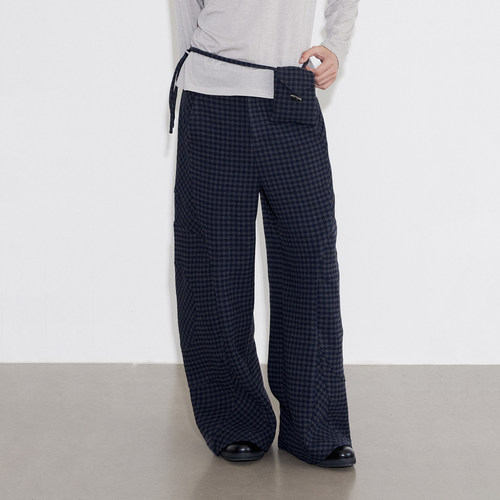 SoleMass WOOL GRID羊毛格子阔腿裤解构分割裁剪直筒百搭长裤秋冬