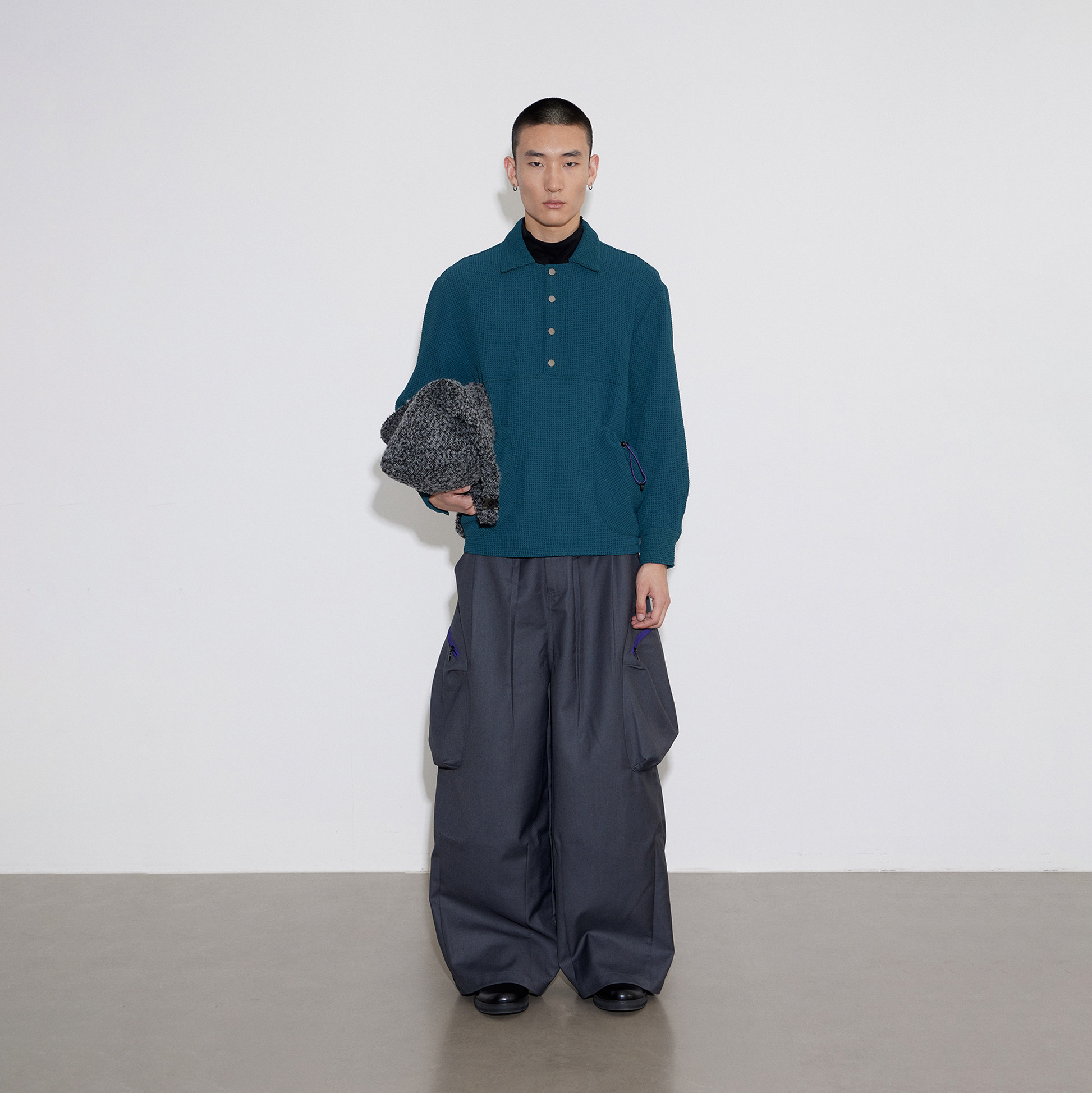 SoleMass Waffle shirt华夫格抽绳口袋衬衫翻领排扣 宽松长袖上衣