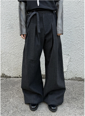 SoleMass 50%羊毛「云褶」飘带阔腿裤 褶皱混纺宽松挺廓长裤男女