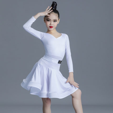 儿童拉丁舞练功服长袖女童专业标准比赛服大摆裙舞蹈班服演出服装