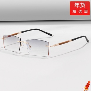配钻石切边无框金色眼镜仿檀木纯钛男款变色镜0009近视镜平光潮款