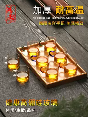 Thickened heat-resistant small glass teacup Household belt handle color transparent flower tea cup Kung Fu tea set Tea cup set