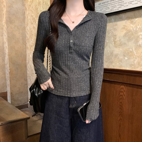 实拍长袖t恤女装2026秋季新款潮薄设计感修身纯色打底衫圆领上衣