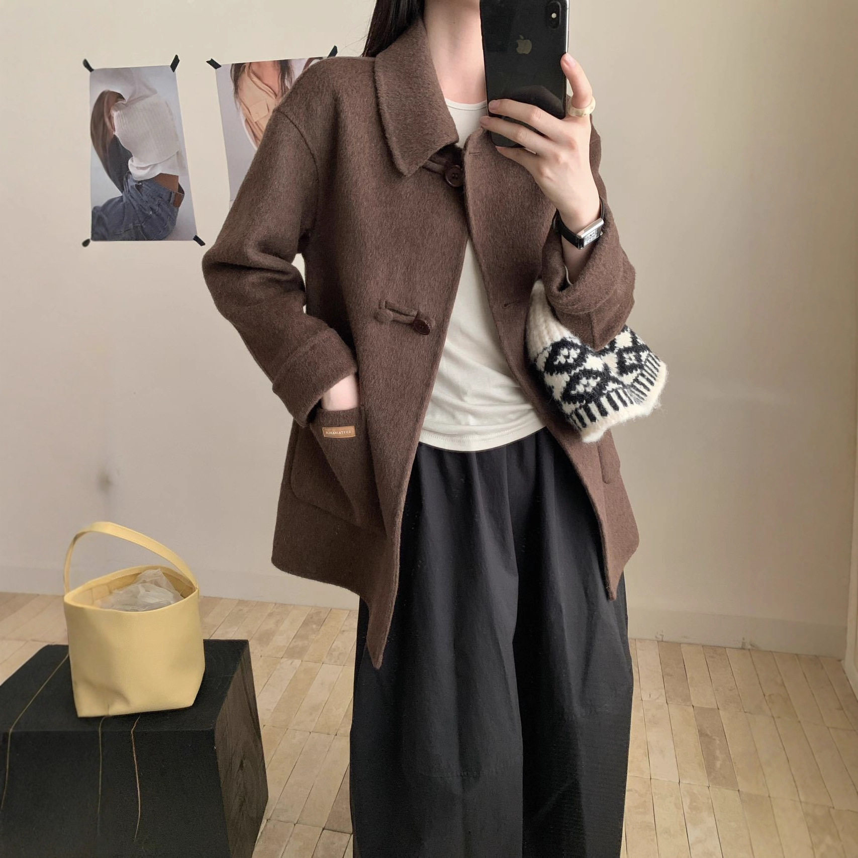 新款 女装 盘扣大口袋加厚保暖羊毛双面外套中长大衣毛呢外套纯色